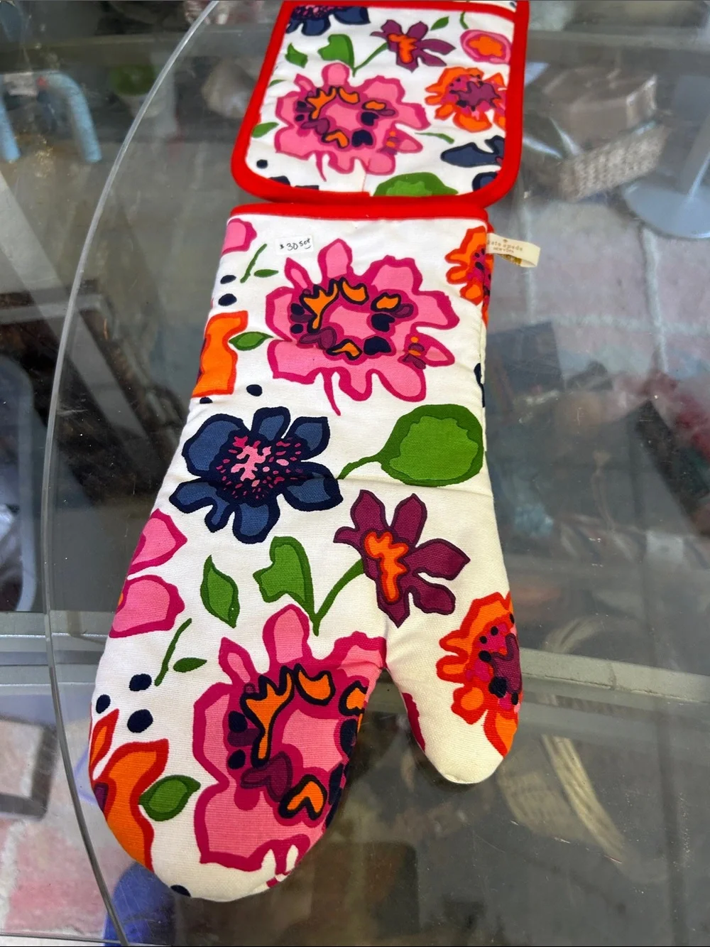 kate spade Floral Quilted Oven Mitt in White with Pink, Orange, Green and Navy